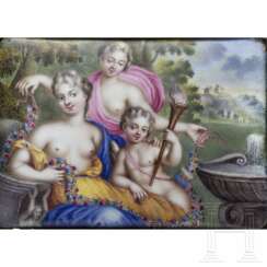 Erotische Darstellung von zwei halbbekleideten Nymphen mit Putti, Miniatur auf Emaille, wohl Frankreich, 18. Jhdt.