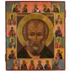 Sehr fein gemalte, große Ikone mit dem Heiligen Nikolaus von Myra und vielen Randheiligen, Russland, 19. Jhdt.