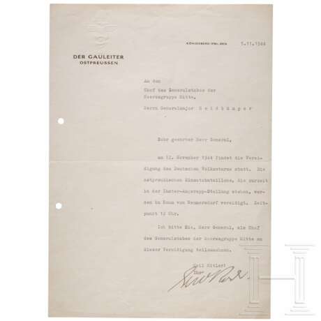 Gauleiter Erich Koch - signierter Brief an Gen.Major Otto Heidkämpfer bzgl. der Volkssturm-Vereidigung am 12.11.44 - фото 1