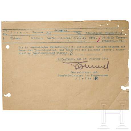 GFM Erwin Rommel - eigenhändig signierter Verleihungsvorschlag zum KVK 2.Kl.m.S. 1942 - фото 1