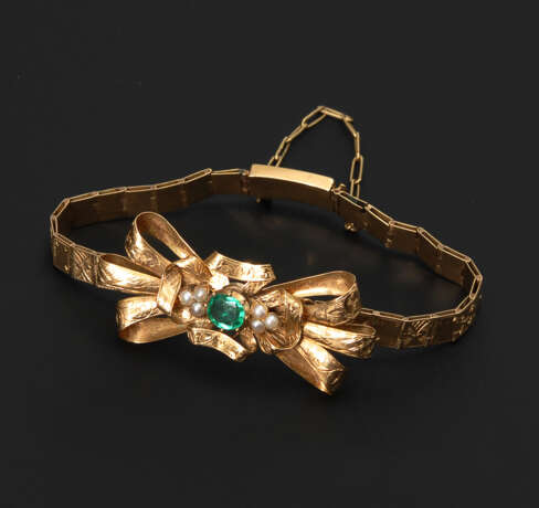 Spätbiedermeier-Damenarmband mit Smaragd und Perlchen. - Foto 1