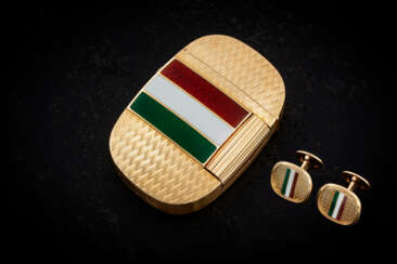 PATEK PHILIPPE, GOLDEN ELLIPSE REF. 9512-1, A GOLD LIGHTER WITH ‘KHANJAR’ AND ENAMEL MADE FOR THE SULTANATE OF OMAN WITH MATCHING CUFFLINKS REF. 9002