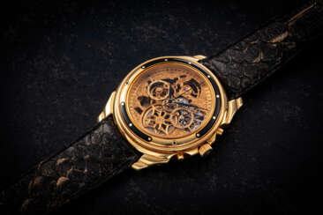 PIAGET, ALPHA REF. 15933, AN EXTREMELY RARE GOLD SKELETONIZED DIAL CHRONOGRAPH