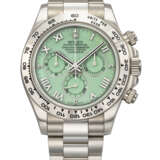 ROLEX. AN ATTRACTIVE 18K WHITE GOLD AUTOMATIC CHRONOGRAPH WRISTWATCH WITH BRACELET AND GREEN CHRYSOPRASE DIAL - photo 1