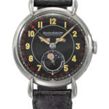JAEGER-LECOULTRE. A RARE AND ATTRACTIVE STAINLESS STEEL TRIPLE CALENDAR WRISTWATCH WITH MOON PHASES AND BLACK DIAL - Foto 1