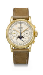 PATEK PHILIPPE. A HIGHLY IMPORTANT AND EXCEPTIONALLY RARE, FRESH TO THE MARKET 18K GOLD PERPETUAL CALENDAR CHRONOGRAPH WRISTWATCH WITH MOON PHASES AND GERMAN CALENDAR