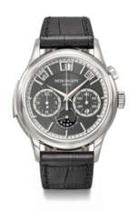 PATEK PHILIPPE. AN IMPORTANT AND HIGHLY COMPLICATED PLATINUM AUTOMATIC MINUTE REPEATING INSTANTANEOUS PERPETUAL CALENDAR SINGLE BUTTON CHRONOGRAPH WRISTWATCH WITH MOON PHASES, LEAP YEAR AND DAY/NIGHT INDICATION