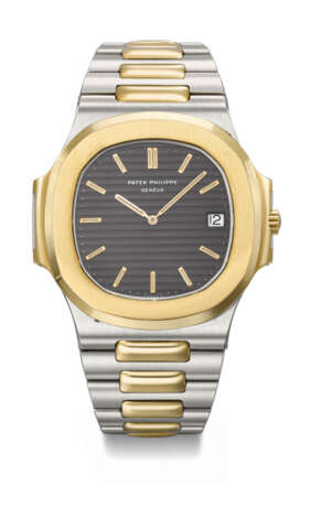 PATEK PHILIPPE. A VERY RARE 18K GOLD AND STAINLESS STEEL AUTOMATIC WRISTWATCH WITH DATE AND BRACELET - Foto 1