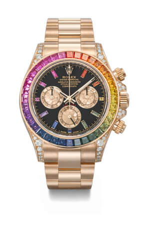 ROLEX. A RARE AND IMPRESSIVE 18K PINK GOLD, DIAMOND AND MULTI-COLOURED SAPPHIRE-SET AUTOMATIC CHRONOGRAPH WRISTWATCH WITH BRACELET - фото 1