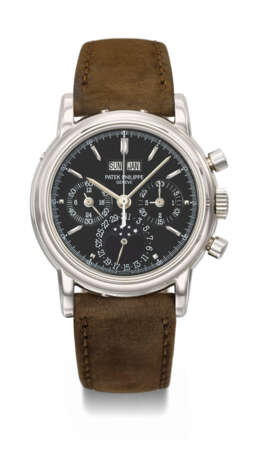 PATEK PHILIPPE. A RARE AND ELEGANT PLATINUM PERPETUAL CALENDAR CHRONOGRAPH WRISTWATCH WITH MOON PHASES, 24 HOUR INDICATION AND LEAP YEAR INDICATION - Foto 1