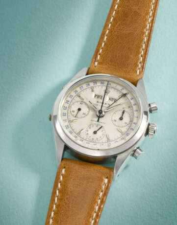 ROLEX. AN EXTREMELY RARE AND SUPERBLY WELL PRESERVED STAINLESS STEEL CHRONOGRAPH TRIPLE CALENDAR WRISTWATCH - фото 2