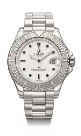 ROLEX. AN EXTREMELY RARE STAINLESS STEEL AND PLATINUM AUTOMATIC WRISTWATCH WITH SWEEP CENTRE SECONDS, DATE, BRACELET AND PROTOTYPE DIAL WITHOUT ‘YACHT-MASTER’ DESIGNATION - Foto 1