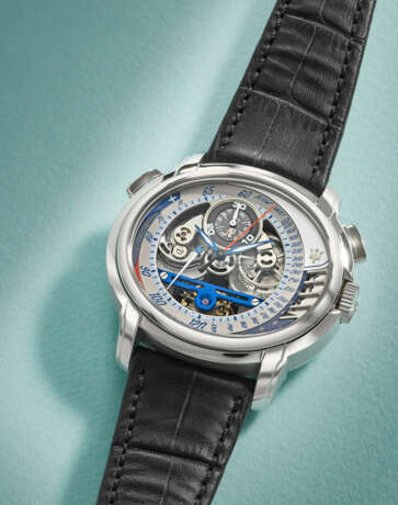 AUDEMARS PIGUET. A UNIQUE PLATINUM OVAL SEMI-SKELETONISED TOURBILLON CHRONOGRAPH WRISTWATCH WITH 10 DAY POWER RESERVE - Foto 2