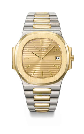 PATEK PHILIPPE. A VERY RARE AND ELEGANT 18K GOLD AND STAINLESS STEEL AUTOMATIC WRISTWATCH WITH DATE AND BRACELET - Foto 1