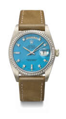 ROLEX. AN EXTREMELY RARE AND HIGHLY ATTRACTIVE 18K WHITE GOLD AND DIAMOND-SET AUTOMATIC WRISTWATCH WITH SWEEP CENTRE SECONDS, DAY, DATE AND BLUE LACQUERED &#39;STELLA&#39; DIAL