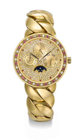 OMEGA. A POSSIBLY UNIQUE AND ATTRACTIVE 18K GOLD, DIAMOND AND RUBY-SET AUTOMATIC PERPETUAL CALENDAR WRISTWATCH WITH MOON PHASES AND BRACELET - фото 1