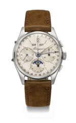 BREGUET. AN EXTREMELY RARE AND HIGHLY ATTRACTIVE STAINLESS STEEL TRIPLE CALENDAR CHRONOGRAPH WRISTWATCH WITH MOON PHASES