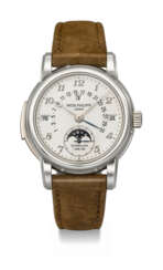 PATEK PHILIPPE. A RARE AND HIGHLY IMPORTANT PLATINUM MINUTE REPEATING PERPETUAL CALENDAR WRISTWATCH WITH TOURBILLON, RETROGRADE DATE, MOON PHASES, LEAP YEAR INDICATION AND BREGUET NUMERALS