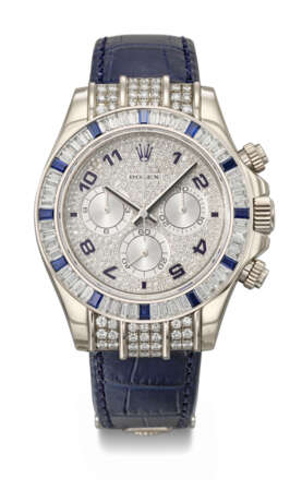 ROLEX. A SUPERB AND ATTRACTIVE 18K WHITE GOLD, DIAMOND AND SAPPHIRE-SET AUTOMATIC CHRONOGRAPH WRISTWATCH - photo 1