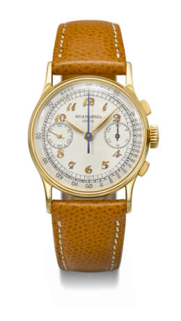 PATEK PHILIPPE. A RARE AND ATTRACTIVE 18K GOLD CHRONOGRAPH WRISTWATCH WITH BREGUET NUMERALS - Foto 1