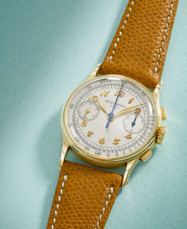 PATEK PHILIPPE. A RARE AND ATTRACTIVE 18K GOLD CHRONOGRAPH WRISTWATCH WITH BREGUET NUMERALS - фото 2
