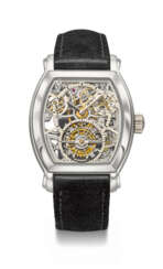 VACHERON CONSTANTIN. AN ATTRACTIVE AND ELEGANT PLATINUM TONNEAU-SHAPED SKELETONIZED TOURBILLON WRISTWATCH WITH POWER RESERVE AND DATE