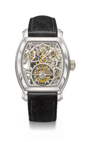 VACHERON CONSTANTIN. AN ATTRACTIVE AND ELEGANT PLATINUM TONNEAU-SHAPED SKELETONIZED TOURBILLON WRISTWATCH WITH POWER RESERVE AND DATE - Foto 1