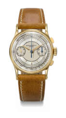 PATEK PHILIPPE. A VERY RARE AND HIGHLY ATTRACTIVE 18K GOLD CHRONOGRAPH WRISTWATCH WITH TWO-TONE SECTOR DIAL