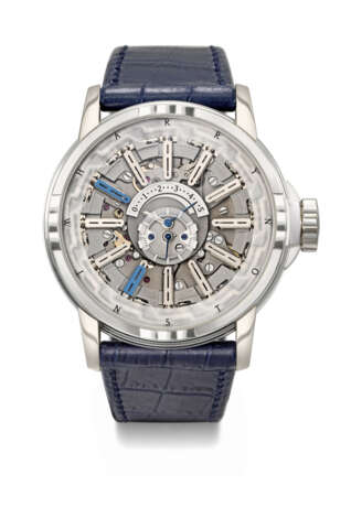 HARRY WINSTON & EMMANUEL BOUCHET. A VERY RARE 18K WHITE GOLD LIMITED EDITION SEMI-SKELETONISED WRISTWATCH WITH FLIP-HOUR, FLIP FIVE-MINUTE INDEXES AND RETROGRADE MINUTES - Foto 1