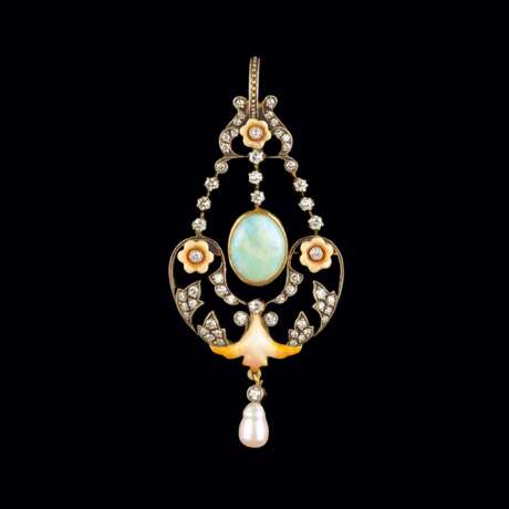 Art Nouveau Diamant-Anhänger mit Opal und Perle. - photo 1