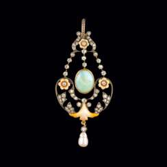 Art Nouveau Diamant-Anhänger mit Opal und Perle.