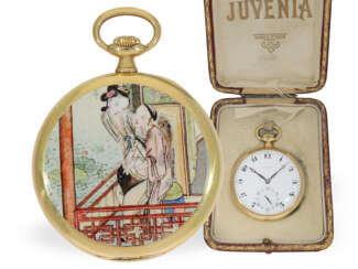 Taschenuhr: außergewöhnliche Gold/Emaille-Frackuhr von Juvenia mit Originalbox, ca. 1925