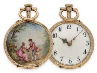 Taschenuhr: wunderschöne Miniatur-Gold/Emaille-Damenuhr mit Rokoko-Emaillemalerei im Watteau-Stil, Maurice Ditisheim, La Chaux-de-Fonds, No.113626, ca.1890