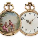 Taschenuhr: wunderschöne Miniatur-Gold/Emaille-Damenuhr mit Rokoko-Emaillemalerei im Watteau-Stil, Maurice Ditisheim, La Chaux-de-Fonds, No.113626, ca.1890 - Foto 1