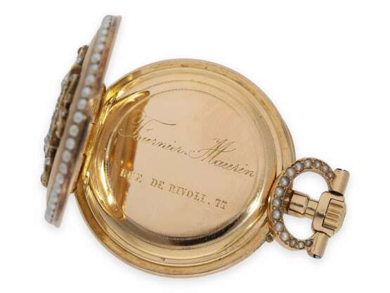 Taschenuhr/Anhängeuhr: exquisite goldene Louis XV Damenuhr mit Perlen- und Diamantbesatz und originaler Goldchatelaine mit Perlen- und Diamantbesatz, Fournier-Haurin Paris No. 42970, ca. 1880 - photo 5