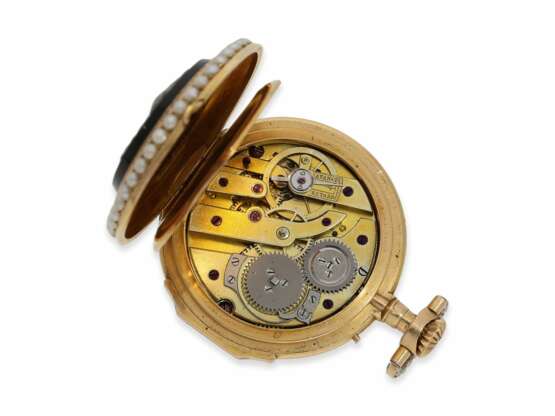 Taschenuhr/Anhängeuhr: einzigartige und sehr kostbare "Louis XV" Chatelaine-Uhr mit Achatkameen, Orientperlen und Diamantbesatz, Frankreich um 1880 - Foto 4