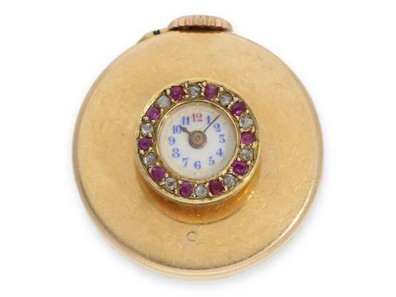 Knopfloch-Uhr: extrem rare Knopflochuhr in 18K Gold mit Diamant- und Rubinbesatz, punziert "bté s.g.d.g H.R" No. 25172, vermutlich Tiffany, um 1900 - Foto 1