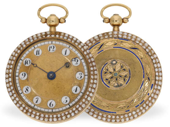 Taschenuhr: attraktive Gold/Emaille-Spindeluhr mit 2-reihigem Perlenbesatz, ca. 1800 - Foto 1