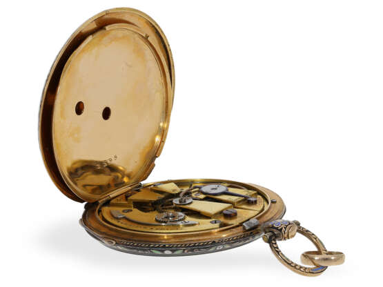 Taschenuhr: prächtige Gold/Emaille-Lepine mit Originalbox und Goldschlüssel, ca. 1820 - Foto 6