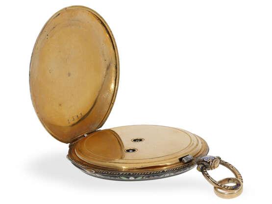 Taschenuhr: prächtige Gold/Emaille-Lepine mit Originalbox und Goldschlüssel, ca. 1820 - Foto 7