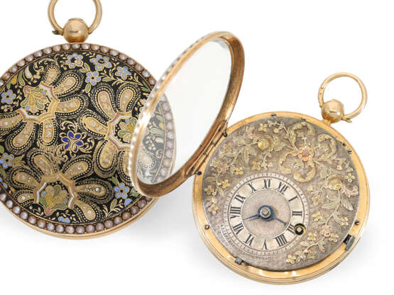 Taschenuhr: außergewöhnlich schöne Lepine mit Gold-/Emaillegehäuse und Perlenbesatz, Alliez, Bachelard & Terond Geneve - Foto 1