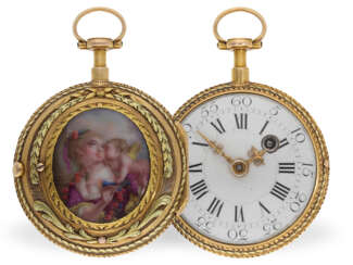 Taschenuhr: mehrfarbige Gold/Emaille-Spindeluhr Louis XV mit Lupenmalerei, Dufalga Geneve um 1770