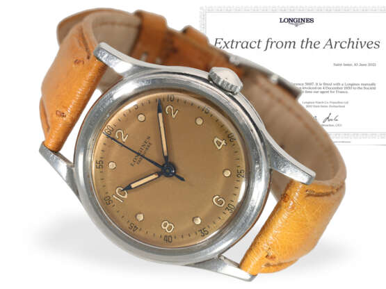 Armbanduhr: seltene Stahl-Longines mit Zentralsekunde, Referenz 5697, Stammbuchauszug, 1950 - Foto 1