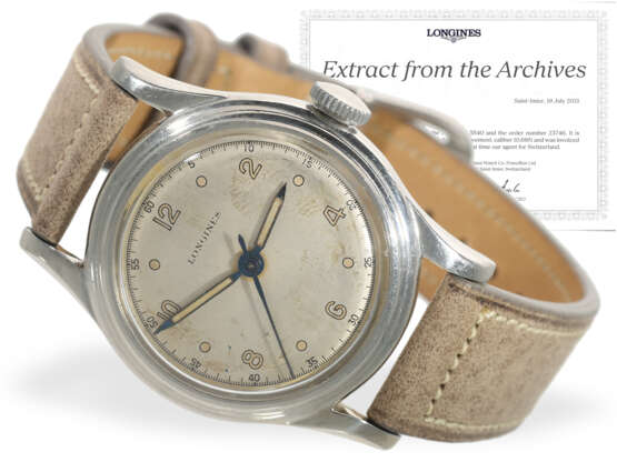 Armbanduhr: frühe Longines mit Zentralsekunde, Referenz 5540, Stammbuchauszug, 1949 - Foto 1