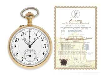 Taschenuhr: Rarität, Observatoriums-Chronometer mit Chronograph, Paul Ditisheim No.23526, geprüft in Neuchatel 1908, mit Auszug aus der Chronometer-Datenbank