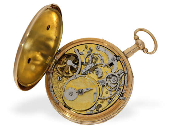 Taschenuhr: 18K goldene Zylinderuhr mit Schlagwerk und Musikwerk, ca. 1820 - Foto 2