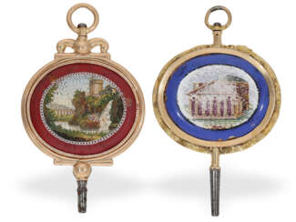 Uhrenschlüssel: zwei extrem seltene, große Goldschlüssel mit Pietra Dura Mosaik, ca. 1810