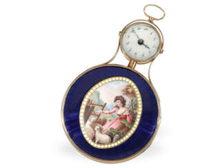 Taschenuhr/Anhängeuhr: museale Rarität, Gold/Emaille-Spindeluhr von größter Seltenheit "Souvenir", ca. 1790