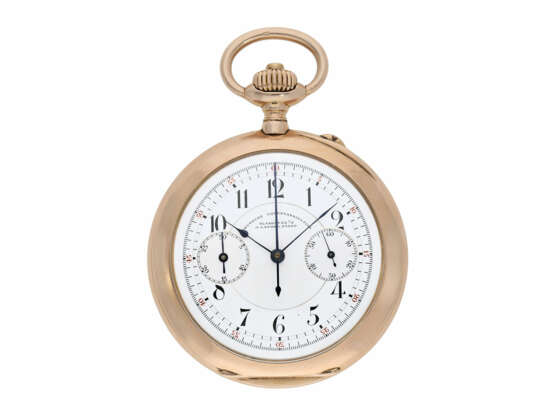 Taschenuhr: besonders großer, rotgoldener Chronograph mit Register, A. Lange & Söhne No. 54691, Glashütte 1908, mit Stammbuchauszug - photo 1