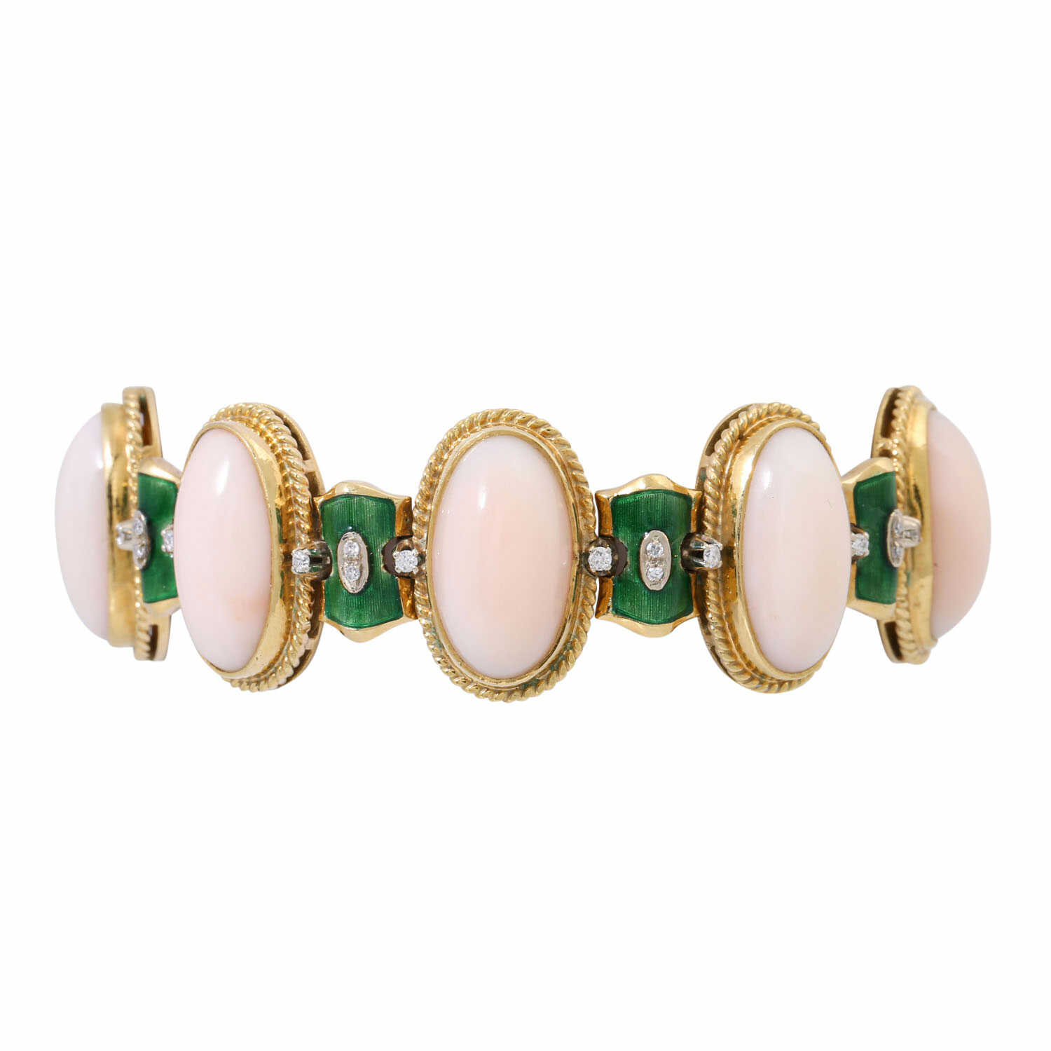 Bracelet with oval angel skin coral, green enamel and diamonds